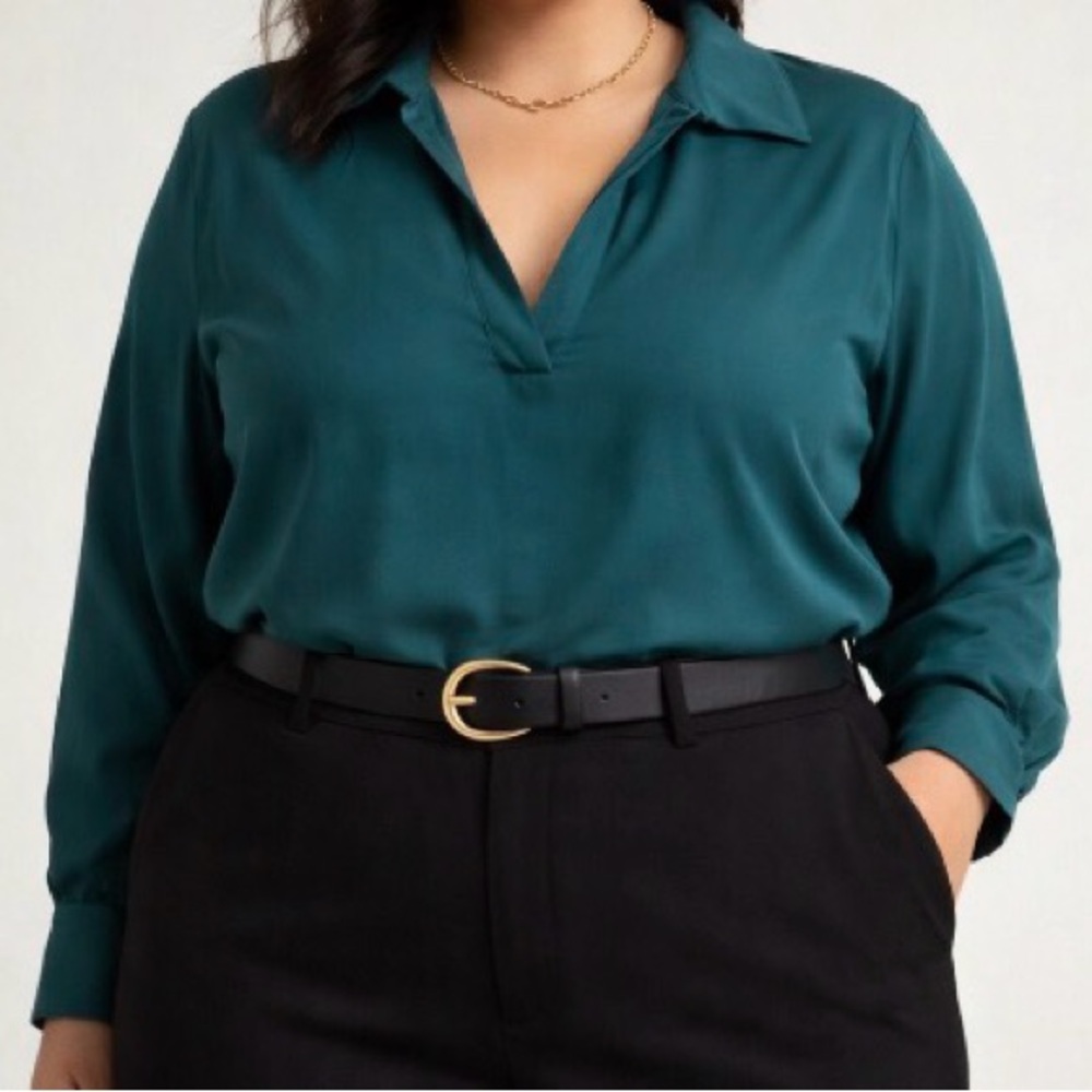 J CREW Jewel Green Viscose Light Weight V-Neck Cuffed Long Sleeve Blouse Size 2X